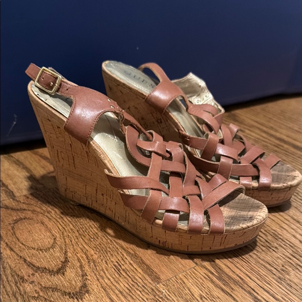 Guess Brown Woven Wedge Sandals